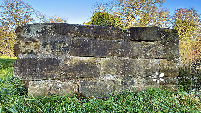 树木成行的草地上的古老石墙景观图片素材