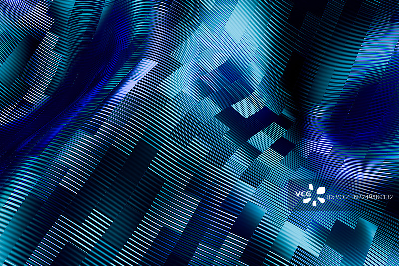充满活力的渐变蓝紫色波浪线构成的未来主义抽象3D背景。具有动态曲线和发光效果的金属条纹纹理。现代数字艺术，非常适合科技、人工智能和创新设计主题。图片素材
