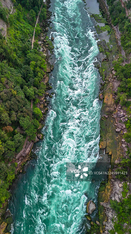 夏季尼亚加拉瀑布河道的空中视角，绿意盎然，流水闪耀图片素材