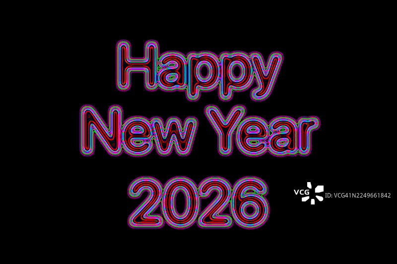 2026新年快乐，用鲜艳的红色、粉色和黄色字母写在黑色背景上图片素材