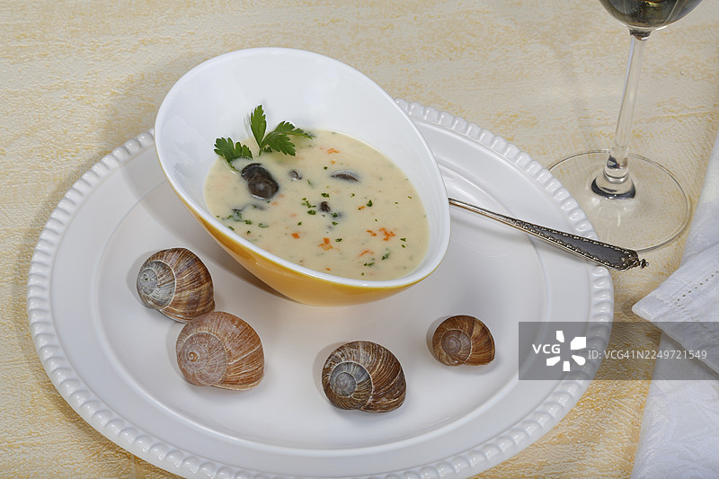 巴登美食，蜗牛汤，典型的巴登特色，葡萄园蜗牛壳，蜗牛壳，欧芹，勺子，汤碗，盘子，传统美食，特色菜，美食摄影，影棚，德国图片素材