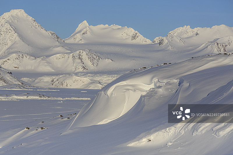 北极山区冬季风光，阳光明媚，库卢苏克，东格陵兰，格陵兰图片素材