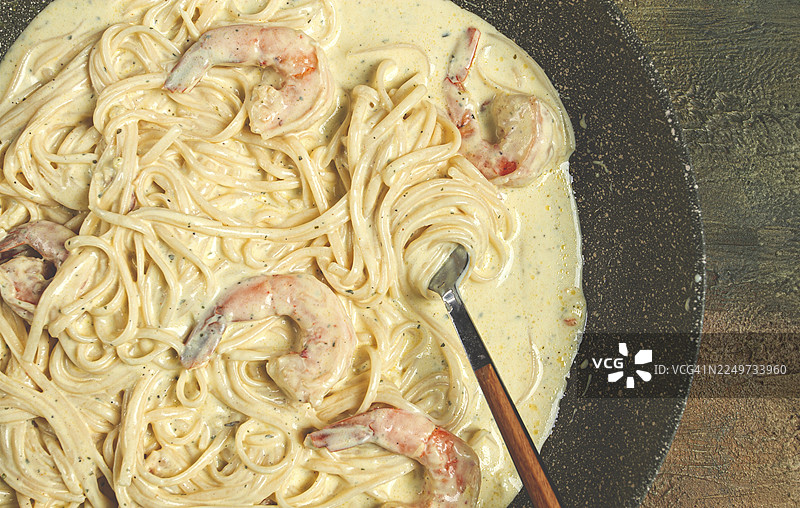 自制奶油酱鲜虾意大利面，无人像图片素材