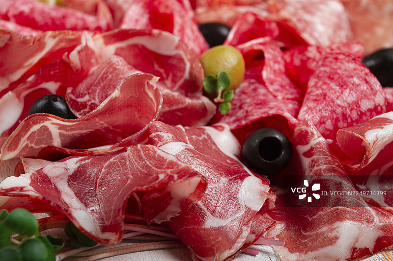 各式肉类开胃菜，包括意大利熏火腿、萨拉米香肠和火腿，配以橄榄，特写，早餐，俯视，无人物图片素材