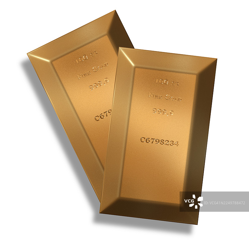 白色背景上的两块金条。图片素材