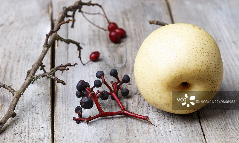 枝条上带有红色浆果和梨，背景是质朴的木头。静物画图片素材