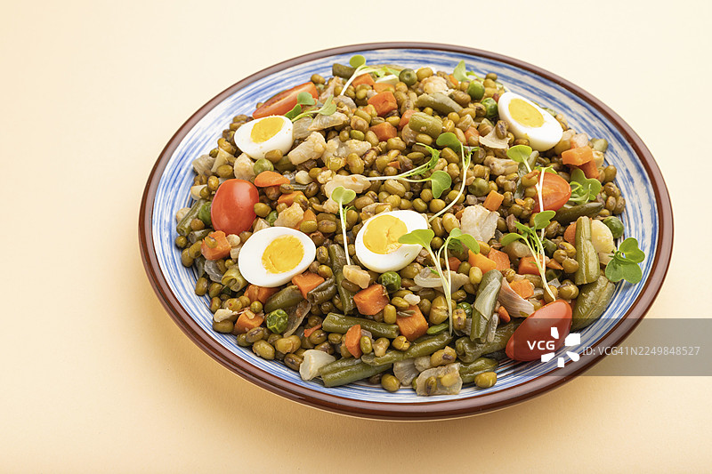 粉橙色背景上的绿豆粥，配有鹌鹑蛋、番茄和微型蔬菜苗。侧视图，特写图片素材