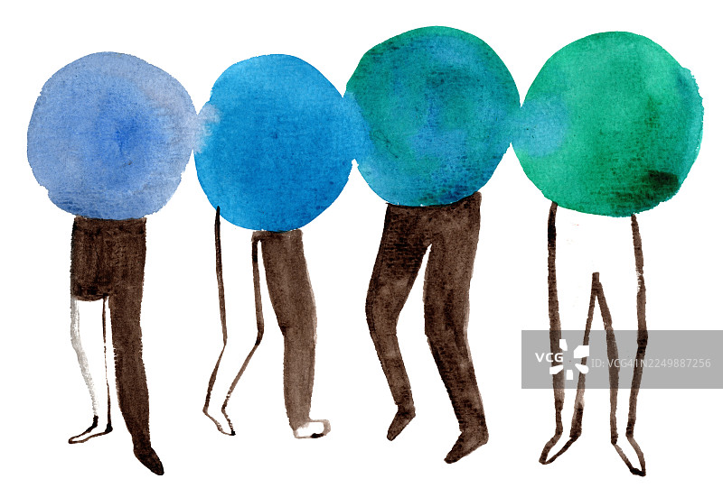 四人排队交流的抽象水彩插画图片素材