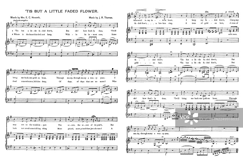 一张老式雕刻插图，上面是歌曲“Tis But A Little Faded Flower”的乐谱，该歌曲由美国诗人 Ellen Clementine Howarth 作词。图片素材