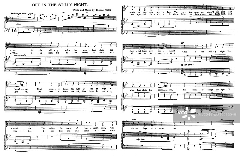 托马斯·摩尔的《oft in the stilly night》乐谱和歌词的旧雕刻插图——这首诗忧郁的基调传达了一种对一去不复返时光的怀旧和渴望之情图片素材