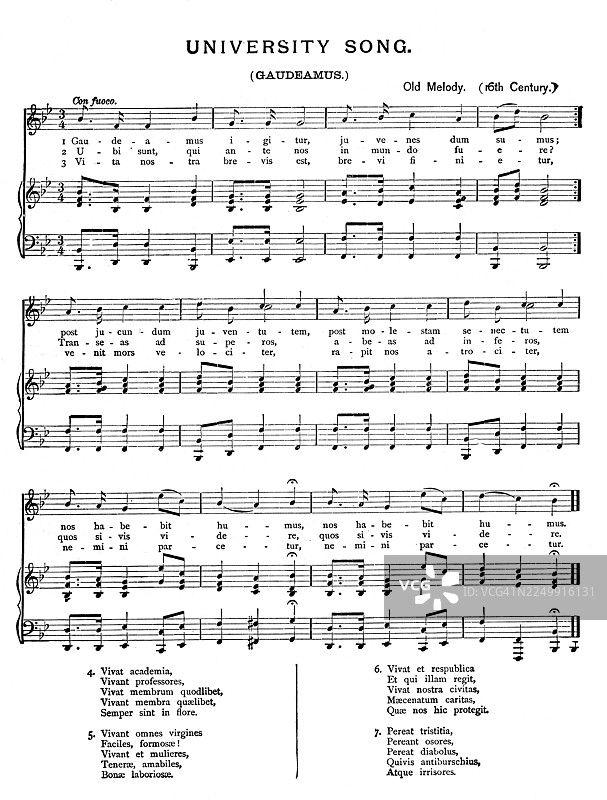 《Gaudeamus igitur》（拉丁语意为“让我们欢欣鼓舞”）或简称“Gaudeamus”的旧版雕版插图，这首歌曲在许多欧洲国家广受欢迎，常在大学毕业典礼上演唱或表演。图片素材