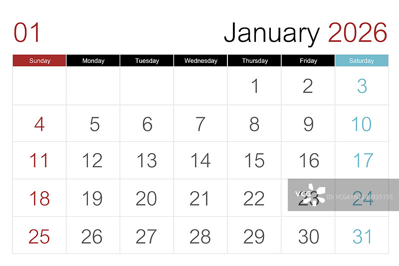 2026年1月日历月度 - 2026年简约风格横向台历图片素材