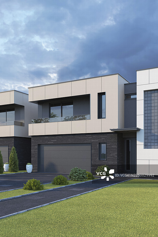 现代都市住宅双层别墅，带车库和前院建筑图片素材