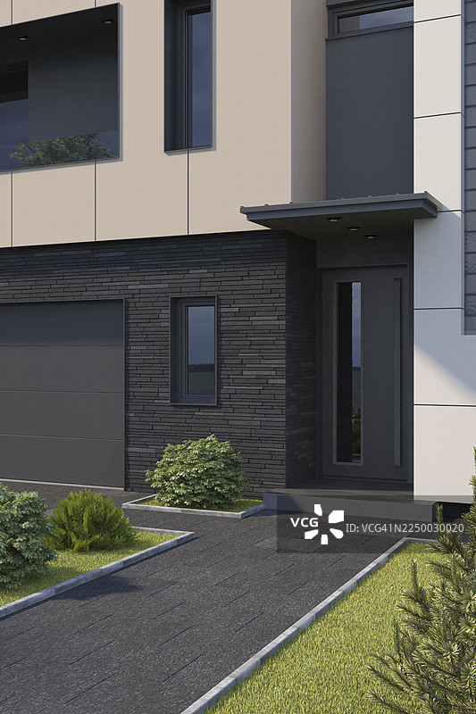 现代都市住宅，两层楼房别墅，带车库和前院的建筑图片素材