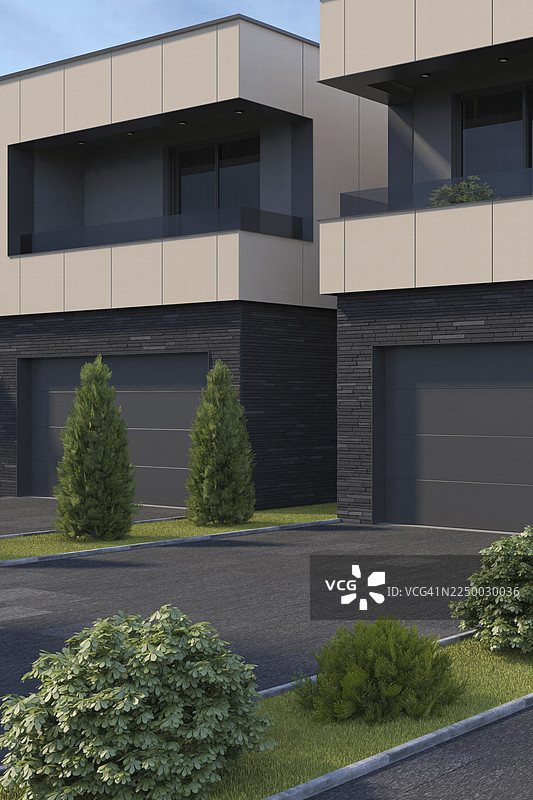 现代都市住宅，两层楼别墅，带车库和前院建筑图片素材