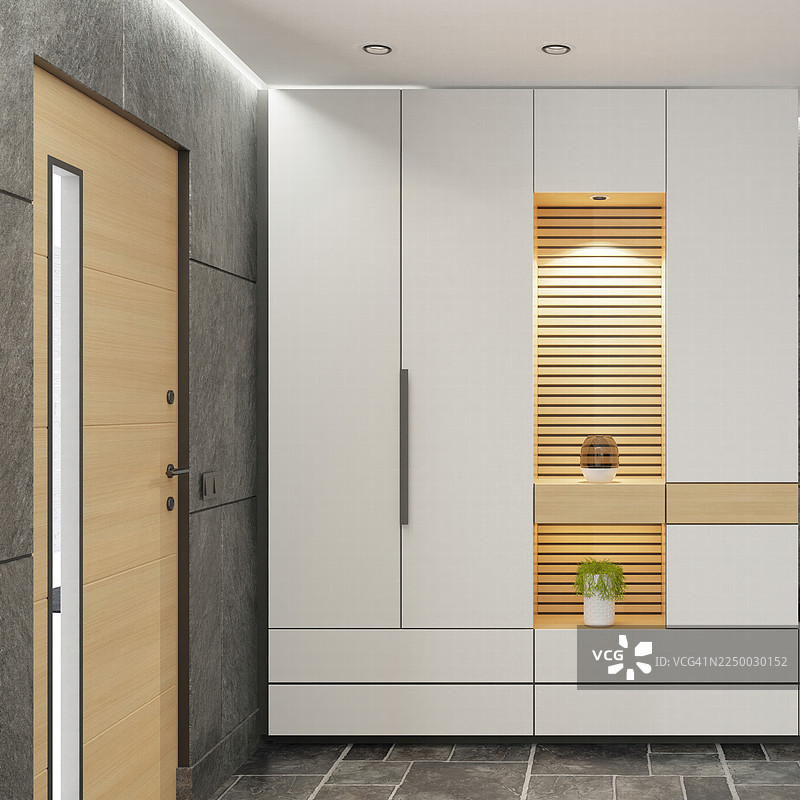 简约现代公寓/别墅入口，融合自然与工业元素图片素材