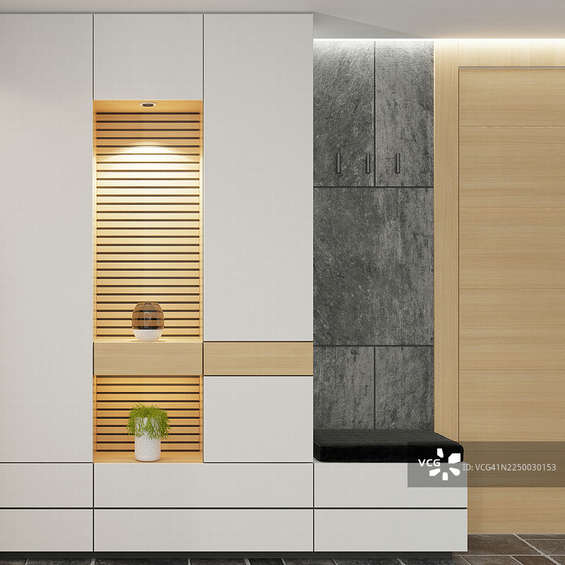 极简现代公寓别墅门厅室内，融合自然与工业元素图片素材