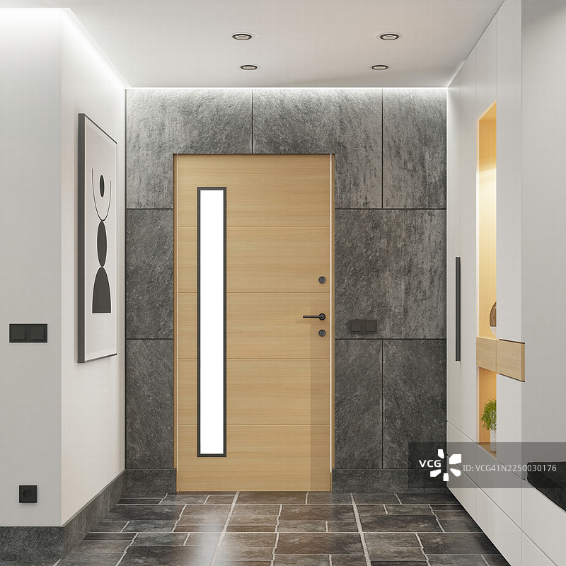 极简现代公寓别墅入口，融合自然与工业元素图片素材