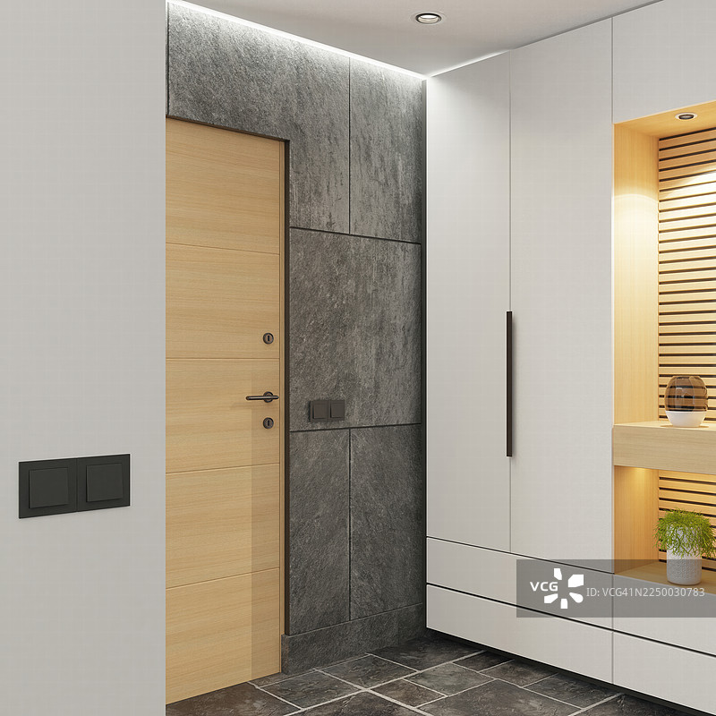 简约现代公寓别墅入口，融合自然与工业元素图片素材