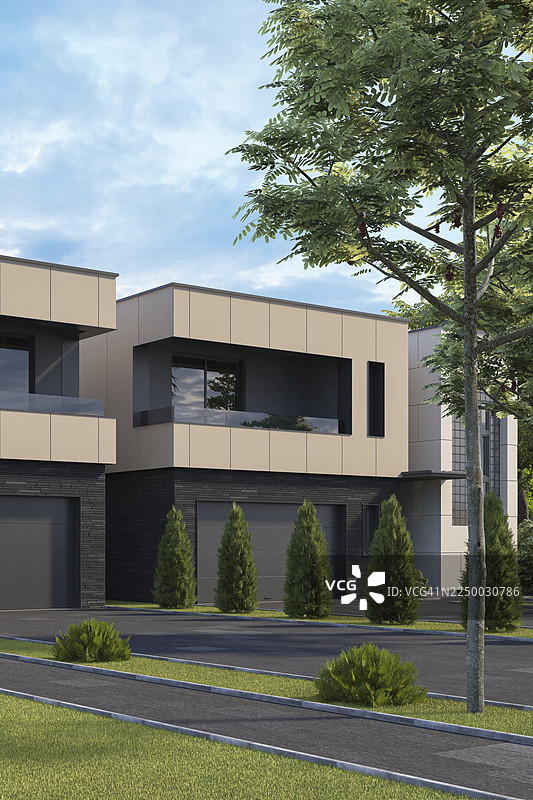 带车库和前院的当代都市住宅两层别墅建筑图片素材