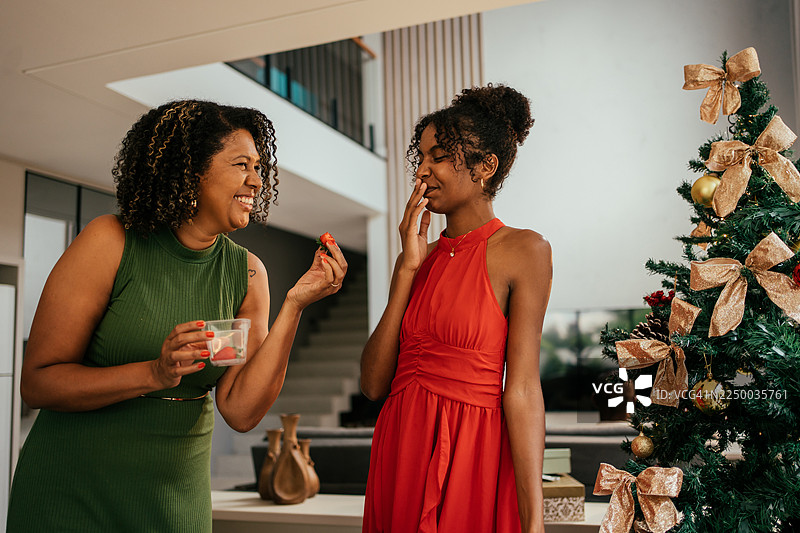 一位成熟的母亲和十几岁的女儿在准备圣诞甜点。图片素材