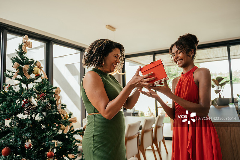 圣诞节，一位成熟的母亲正在给她的十几岁的女儿送礼物。图片素材
