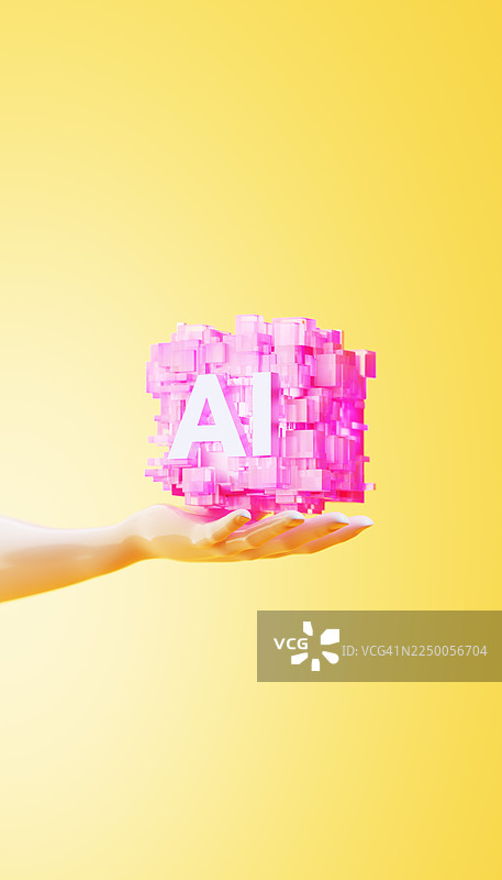 粉色人工智能大脑置于张开的手中 - 未来智能信任概念图片素材