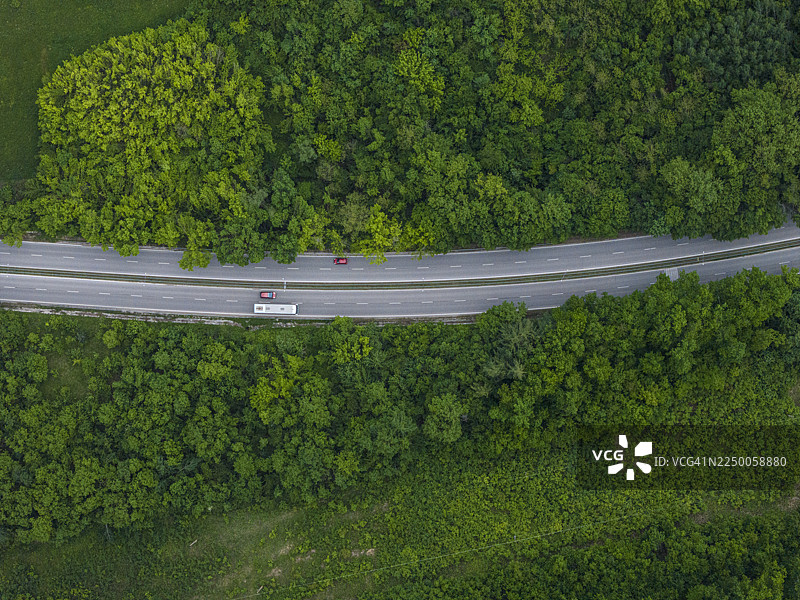 交通。驾车穿越繁茂绿林的公路旅行，鸟瞰视角图片素材