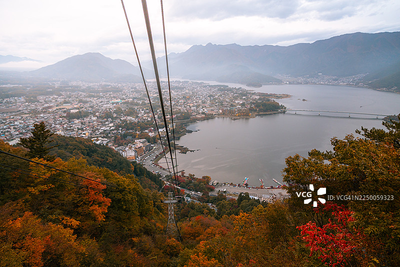 俯瞰富士河口湖城市景观，包括湖泊和周围的山脉图片素材