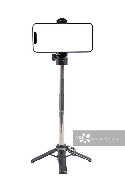 白色背景上孤立的三脚架和智能手机空白横屏图片素材