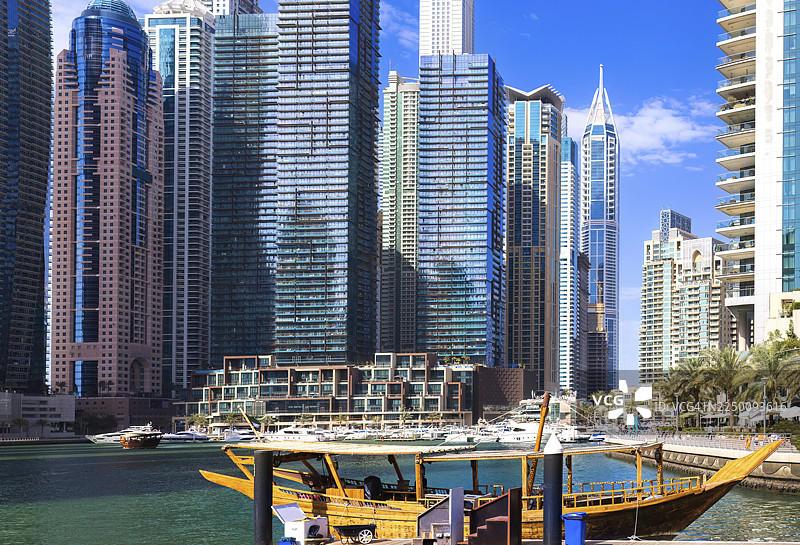 迷人的迪拜码头，现代奢华与高层建筑交织的风景如画的海滨天际线图片素材