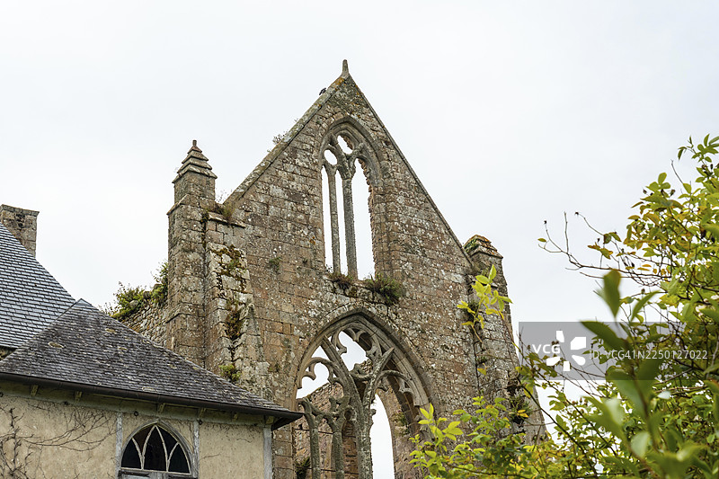 法国布列塔尼地区，兰尼翁省，滨海布列塔尼省，普莱姆波勒村美丽的博波尔修道院屋顶。图片素材