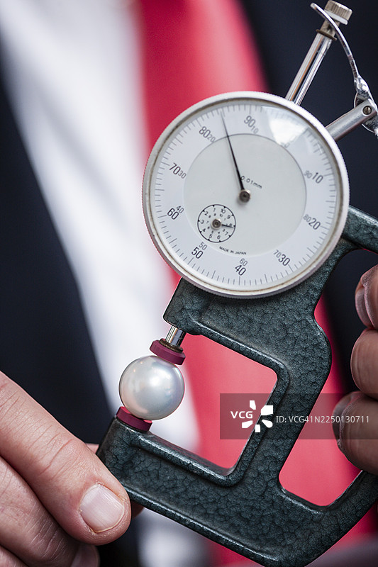 一位鉴定师使用测量设备测定白色珍珠的直径图片素材