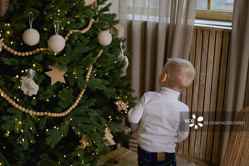 一个金发男孩在木屋里，在一棵华丽的圣诞树旁玩耍的背影。图片素材
