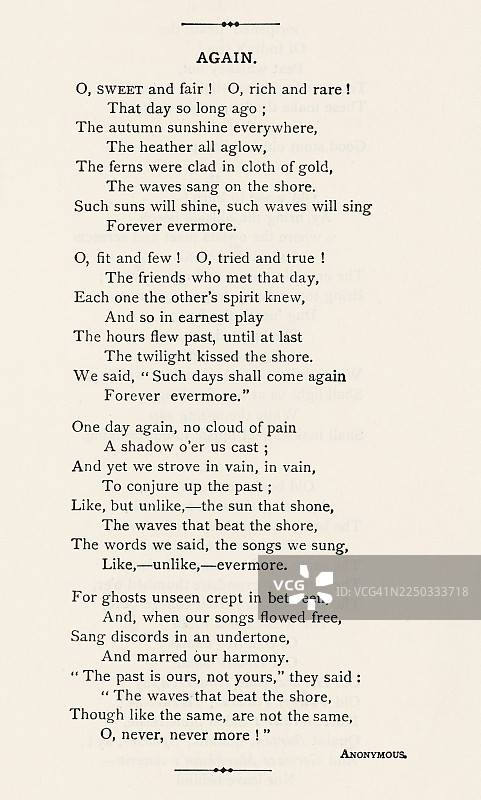 一首匿名诗人的诗句“哦，甜美而美丽，哦，丰富而稀有”的旧蚀刻插图图片素材