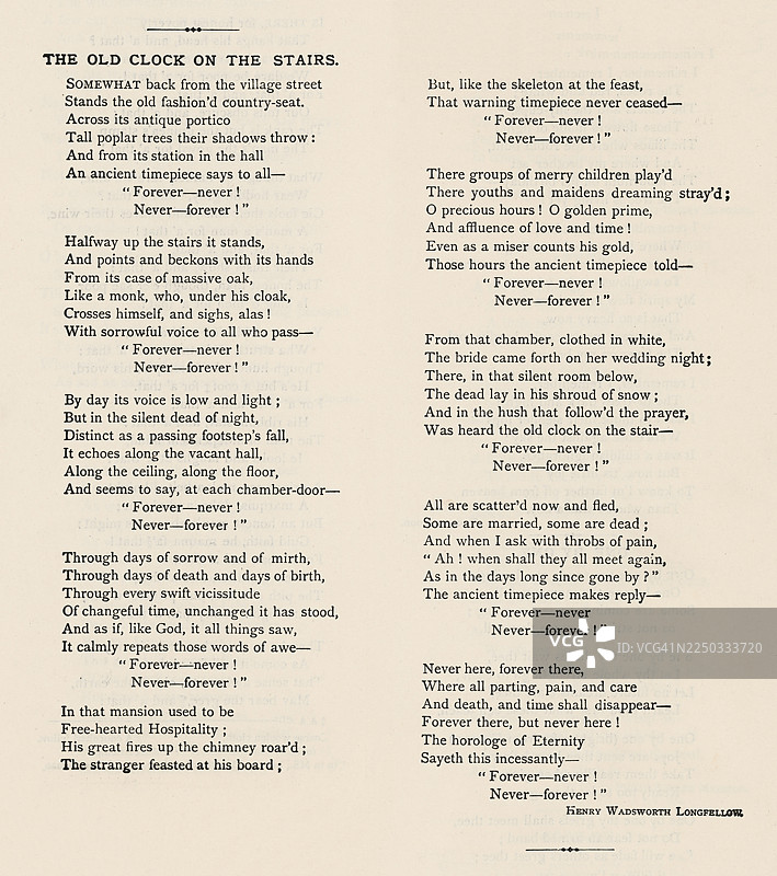 楼梯上的旧钟：亨利·沃兹沃思·朗费罗诗歌的古老雕版插图，“永远-永不！永不-永远！”的重复提醒着所有过客生命的永恒与短暂图片素材
