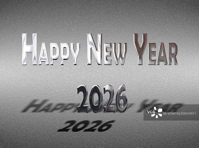 2026新年快乐，带有细微阴影的闪亮银色字母，背景为银色金属质感。图片素材