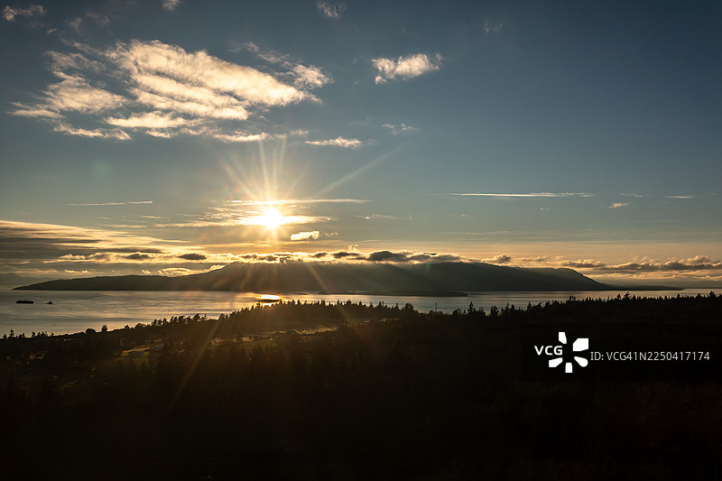 华盛顿州奥卡斯岛上空，夕阳下的美丽日落鸟瞰图。图片素材