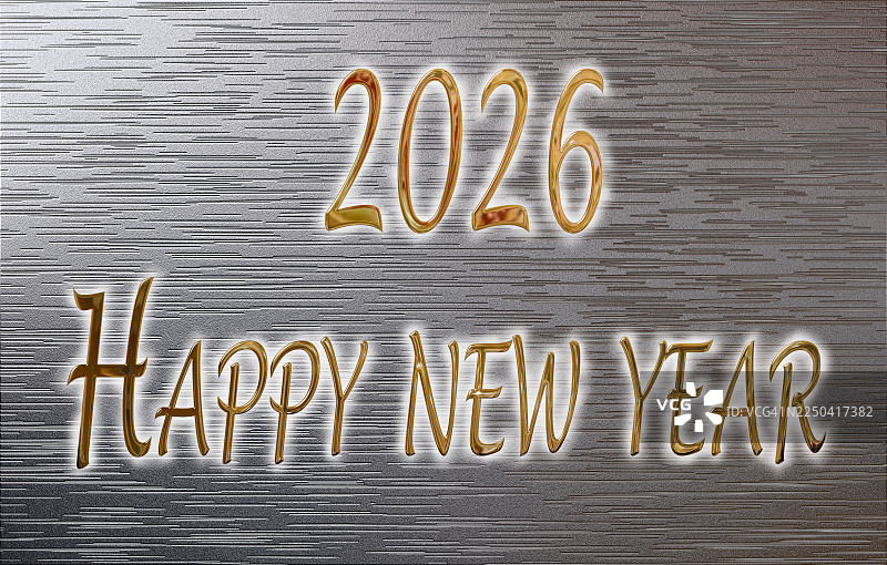 明亮的金色字母“新年快乐 2026”搭配银色金属背景。图片素材