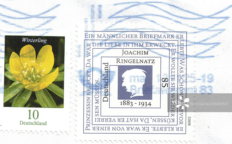 德国邮票特写，展示精细的印刷设计和传统邮政符号图片素材