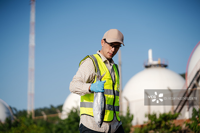 男子在沿海环境实地考察中手持鱼类图片素材