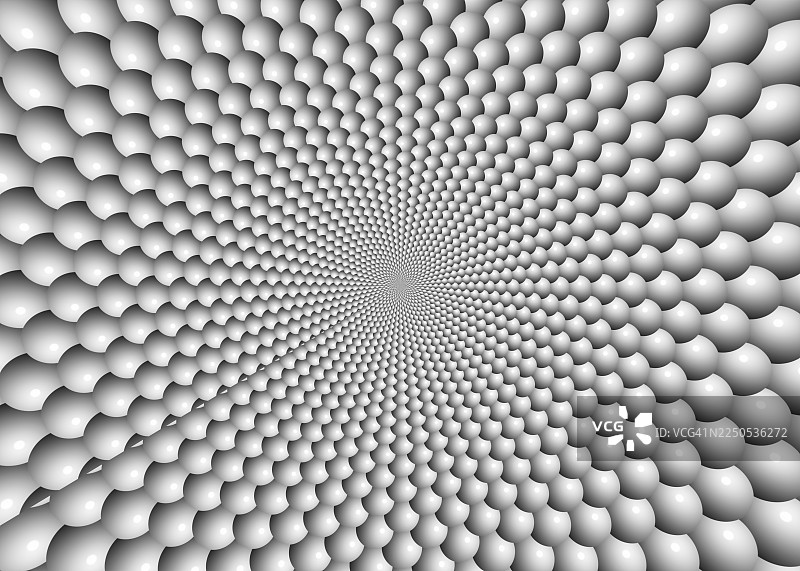 抽象背景，具有3D效果的圆形浮雕气泡深邃隧道，呈银色调。图片素材