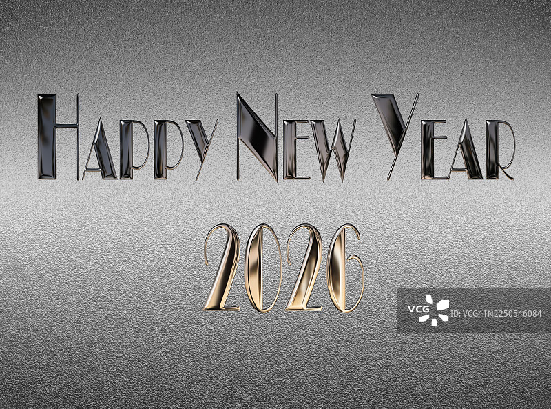 2026新年快乐，银色金属背景上的明亮金色字母。图片素材