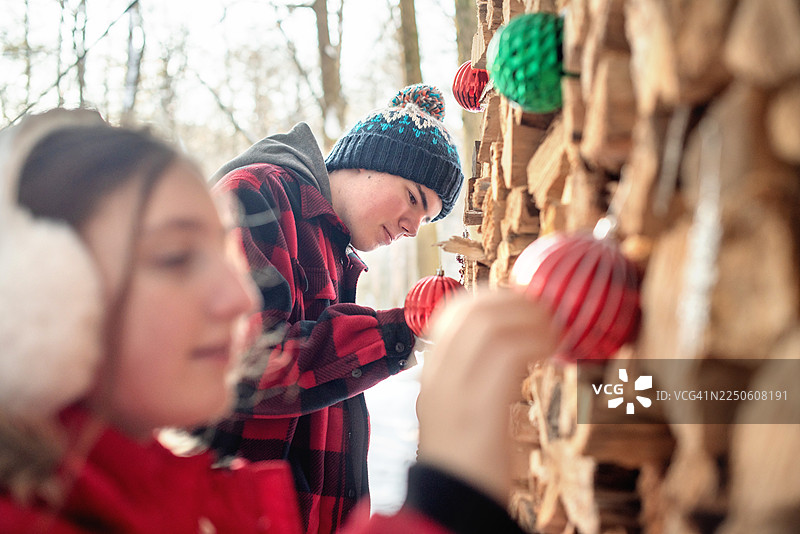 户外假日装饰项目，汇聚了十几岁的女孩和她患有自闭症的哥哥。在冬日午后，他们正在宾夕法尼亚州波科诺斯为一堆劈好的木柴挂上五彩缤纷的装饰品。图片素材