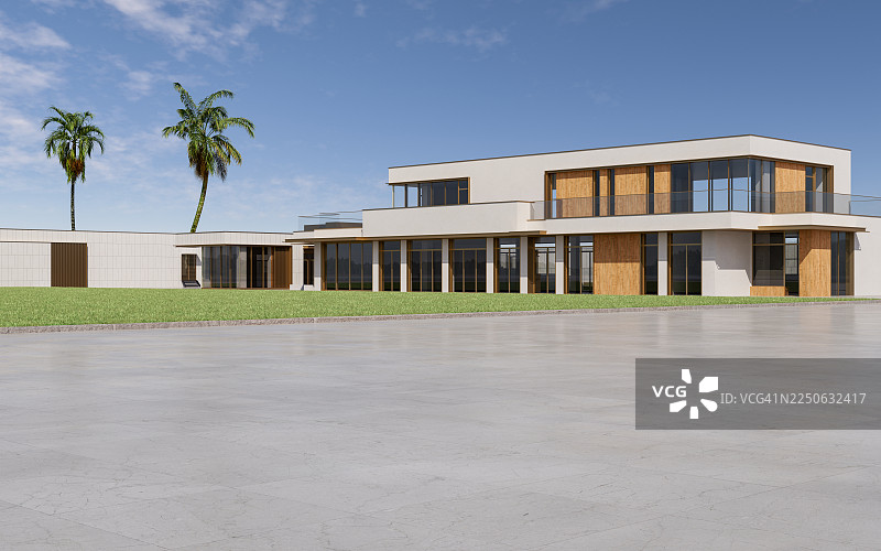 带草坪和棕榈树的现代两层别墅图片素材