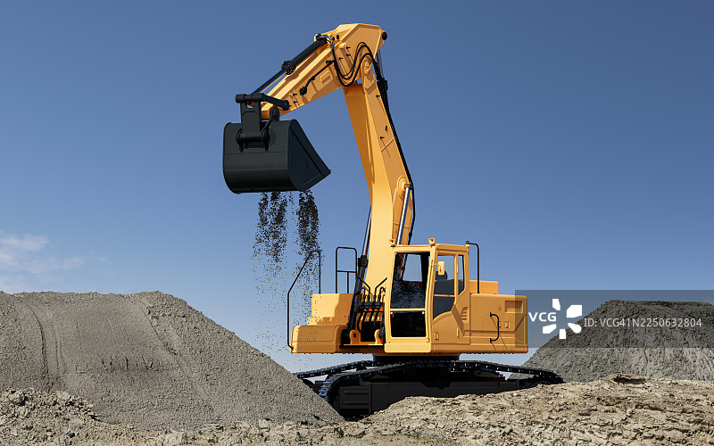 稀土产业链战略抽象图：倾倒碎石的黄色挖掘机图片素材
