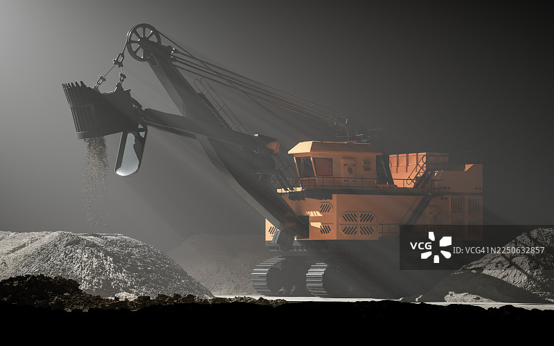 稀土产业链战略的抽象表述：大型黄黑色重型挖掘机在昏暗环境下倾倒砾石图片素材