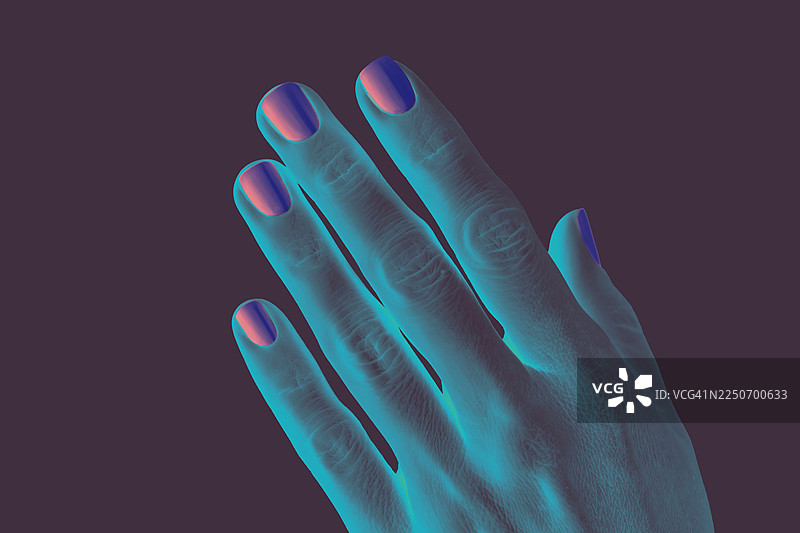 霓虹渐变美甲的手，抽象风格发光图片素材