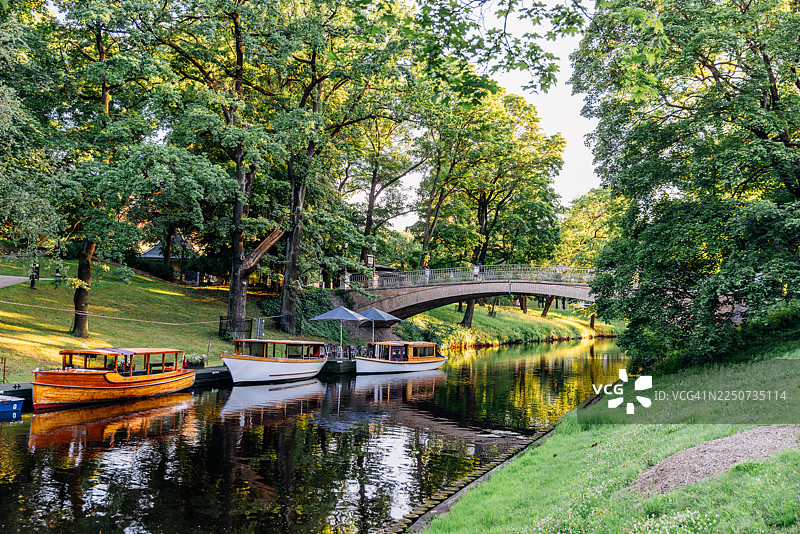 拉脱维亚里加老城巴斯泰伊卡尔纳公园里一座阳光明媚的夏日木桥图片素材