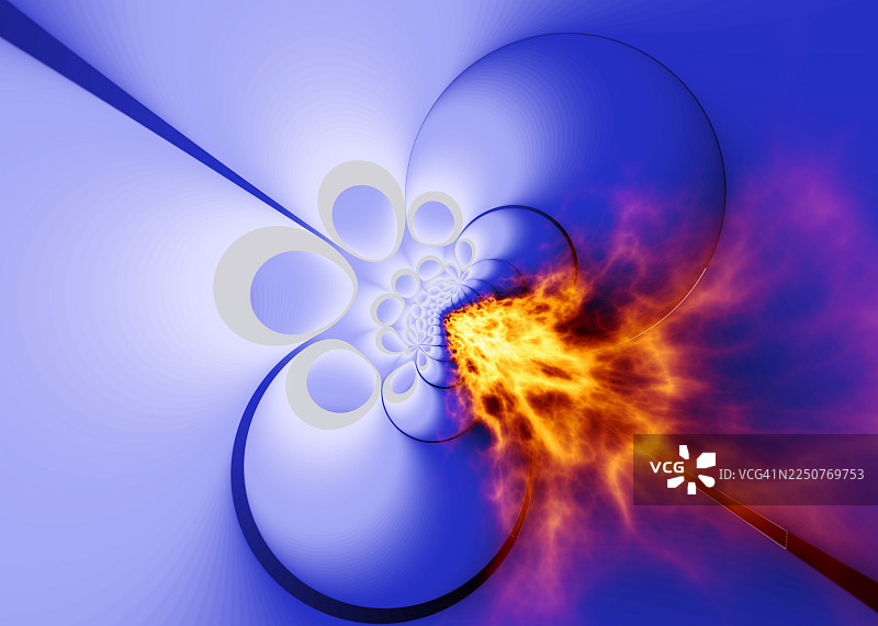 抽象背景，蓝色背景下椭圆形的3D形状中，一个炽热的等离子球体正在运动。图片素材